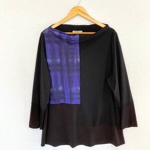 TEKBIKA Women's Size 16/18 Blocked Bateau Top Techno Black & Abstract Motif